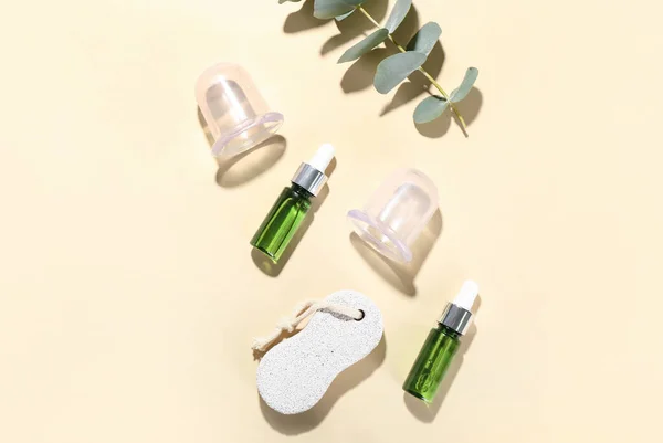 Composition Bottles Essential Oil Pumice Vacuum Jars Cellulite Massage Color — Stock Photo, Image