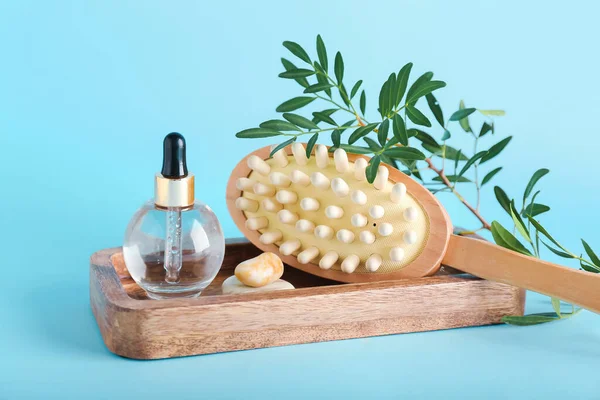 Wooden Board Massage Brush Bottle Essential Oil Plant Branch Color — Stock Photo, Image