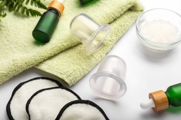 Vacuum Jars Cellulite Massage Clean Towel Bottles Essential Oil White — Stock Photo, Image