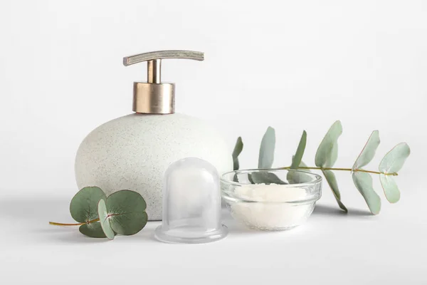 Bottle Cosmetic Product Bowl Sea Salt Vacuum Jar Cellulite Massage — Fotografia de Stock