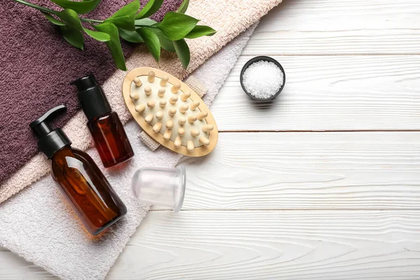Set Bath Supplies Vacuum Jar Cellulite Massage White Wooden Background — Stock Photo, Image