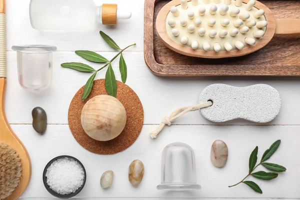 Set Different Bath Supplies Vacuum Jars Cellulite Massage White Wooden — Stock Photo, Image