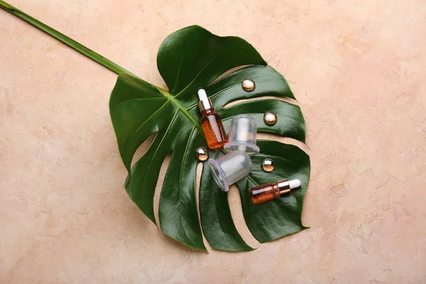 Composition with bottles of essential oil, vacuum jars for anti-cellulite massage and palm leaf on color background