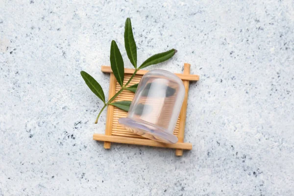Wooden Stand Vacuum Jar Cellulite Massage Plant Leaf Light Background — 스톡 사진