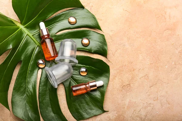 Composition with bottles of essential oil, vacuum jars for anti-cellulite massage and palm leaf on color background