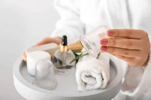 Woman Holding Tray Bath Supplies Vacuum Jars Cellulite Massage Light — Stock Photo, Image
