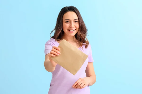 Young Woman Envelope Color Background — Stock Photo, Image