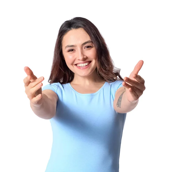 Young Woman Showing Come Here Gesture White Background — Stock Photo, Image
