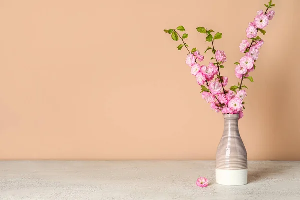 Ceramic Vase Blooming Branches Table Beige Wall — Stock Photo, Image