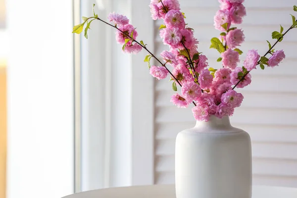 Vase Blooming Branches Table Window — Stock Photo, Image