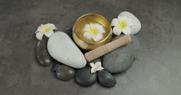 Tibetan Singing Bowl Zen Stones Flowers Grey Background Royalty Free Stock Video