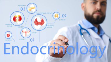 Male doctor writing word ENDOCRINOLOGY on virtual screen against light background clipart