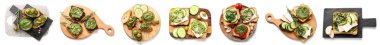 Set of delicious toasts with pesto sauce on white background, top view