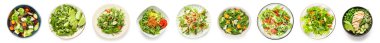 Set of plates with healthy vegetable salads on white background, top view