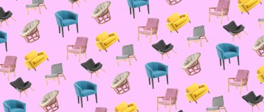 Pembe arka planda birçok modern rahat koltuklar. Tasarım için desen