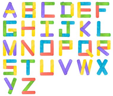 English alphabet made of colorful wooden ice cream sticks on white background