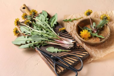 Tahta, kase, makas ve bej arkaplan üzerine parşömen kağıdı olan sarı karahindibalar.