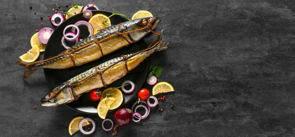 Plate Tasty Smoked Mackerel Fish Black Background Space Text — Stock Photo, Image