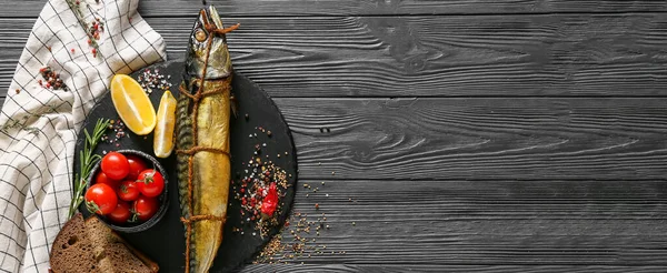 Board Smoked Mackerel Fish Tomatoes Spices Bread Black Wooden Background — Photo