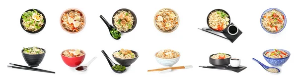 Set Bowls Tasty Chinese Noodles White Background — Stockfoto