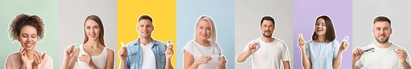 Set Persone Diverse Con Lenti Contatto Occhiali Sfondo Colorato — Foto Stock