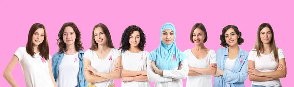 Many Women Pink Ribbons Color Background Breast Cancer Awareness — Stockfoto