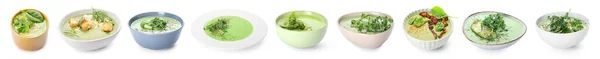 Set Bowls Green Soups White Background — Foto de Stock