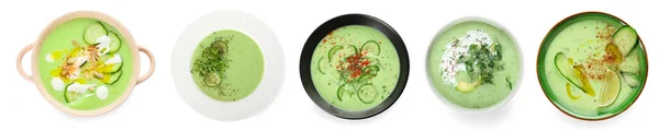白い背景に緑のスープとボウルのセット トップビュー — ストック写真
