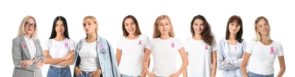 Pembe Kurdeleli Pek Çok Kadın Beyaza Izole Edilmiş Göğüs Kanseri — Stok fotoğraf