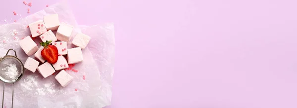 Tasty Strawberry Marshmallow Color Background Space Text — Photo