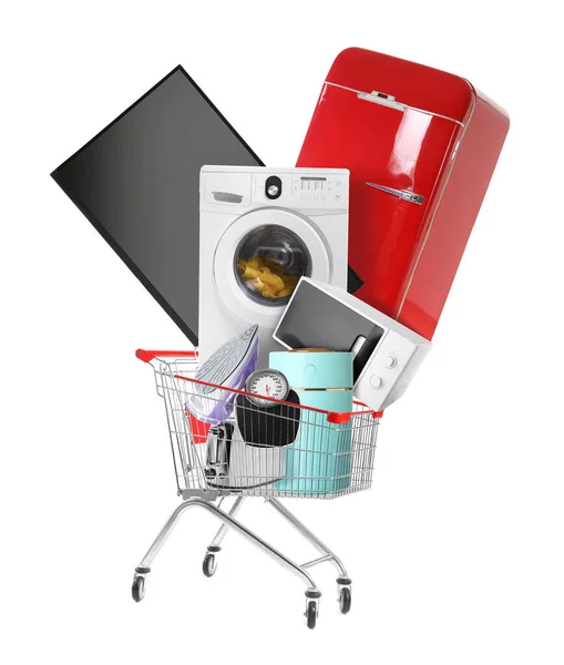 Shopping Cart Many Household Appliances White Background — стоковое фото