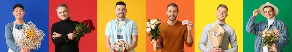 Grupo Homens Felizes Com Belos Buquês Flores Fundo Colorido — Fotografia de Stock