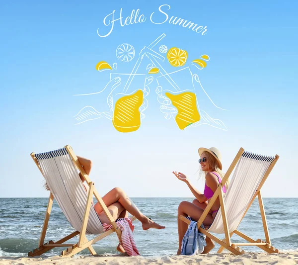 Beautiful Young Women Relaxing Sun Loungers Sea Beach Hello Summer — Photo
