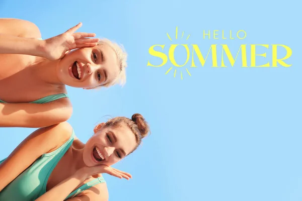 Beautiful Young Women Swimsuits Blue Sky Hello Summer — Photo