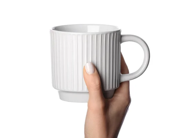 Femme Tenant Une Nouvelle Tasse Céramique Sur Fond Blanc Gros — Photo