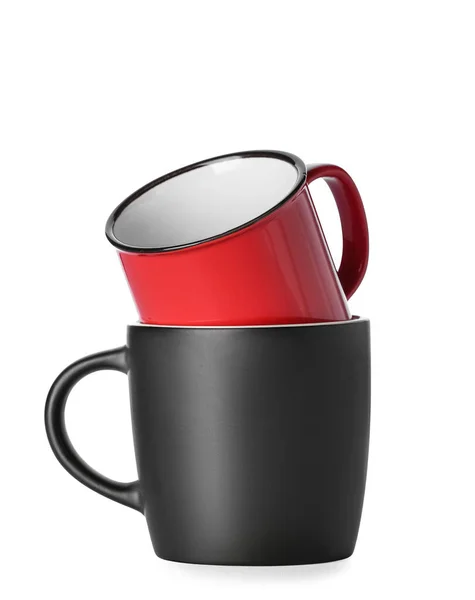 Black Red Ceramic Cups White Background — стоковое фото