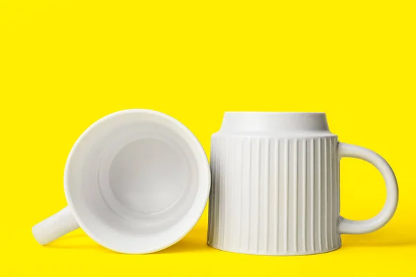 Two Ceramic Cups Yellow Background — Stock Photo, Image