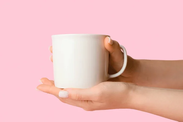 Woman Holding Ceramic Cup Pink Background Closeup — Fotografia de Stock