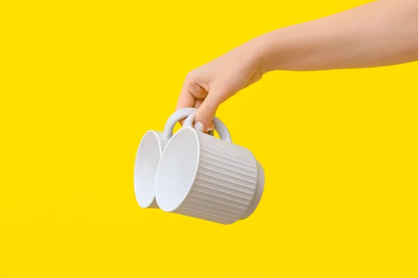 Woman Holding Cups Yellow Background Closeup — Stock Photo, Image