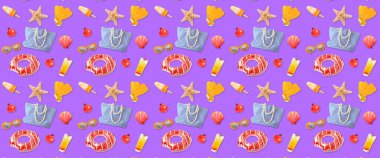 Menekşe arka planında farklı plaj aksesuarları. Tasarım için desen