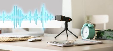 Profesyonel mikrofon, masada bilgisayar var.