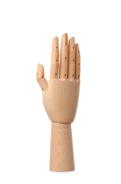 Wooden raised hand on white background