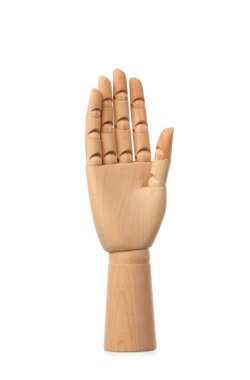 Beyaz arka planda tahta el kaldırıldı