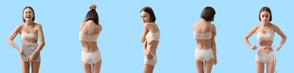 Set Young Skinny Woman Blue Background Anorexia Concept — Stockfoto