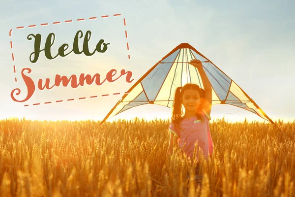 Cute Little Girl Kite Wheat Field Hello Summer — Fotografia de Stock