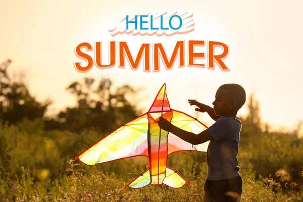 Little African American Boy Flying Kite Outdoors Sunset Hello Summer — Foto Stock