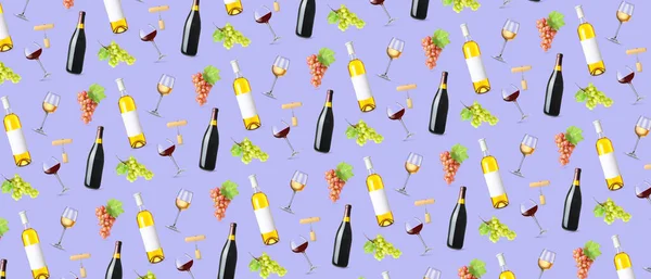 Muchas Copas Botellas Vino Con Uvas Sacacorchos Sobre Fondo Lila — Foto de Stock