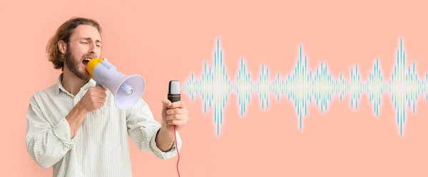 Screaming Young Man Megaphone Modern Microphone Pink Background — Stock Photo, Image