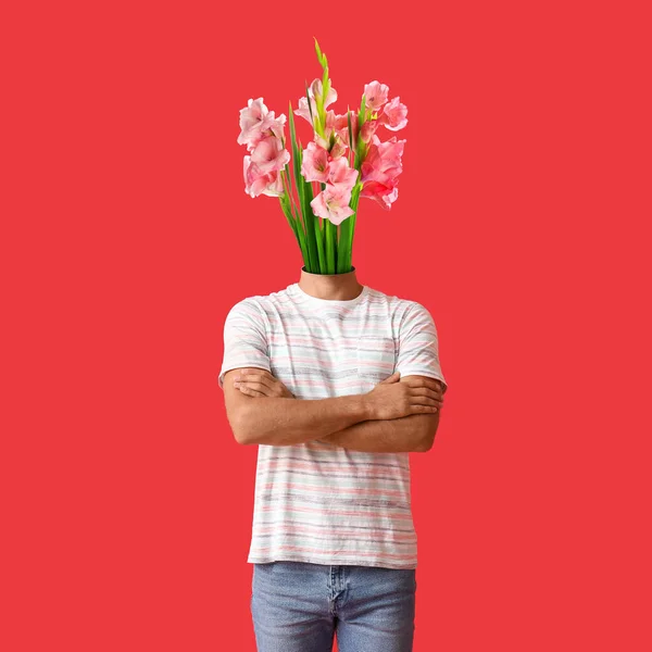 Man Bouquet Gladiolus Flowers Instead His Head Red Background — Stock Photo, Image