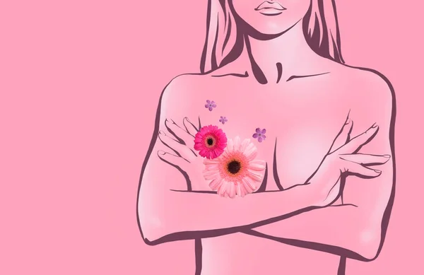 Collage Drawn Naked Woman Flowers Pink Background Breast Cancer Awareness —  Fotos de Stock